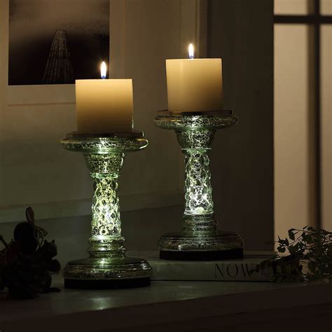 7 8” Illuminated Led Candle Holders With Timer Mode Set Of 2 Mercury Glass Pillar Candle Holder