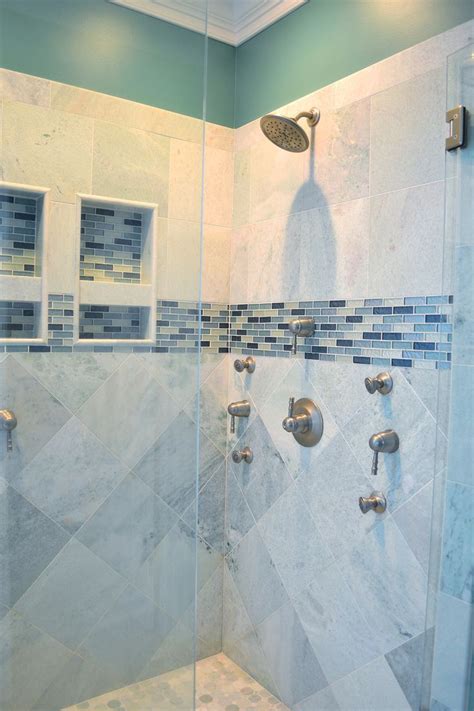 Blue Glass Tile Strip Like Accent Tile Bathroom Blue Bathroom Tile Bathroom Remodel Shower