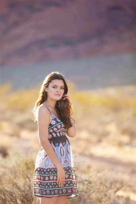Portrait Of Young Woman In Red Rock Nevada Usa Stock Image Image Of