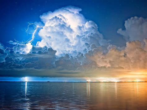 Lightning Clouds Storm Starry Night Cape Canaveral Florida Sea