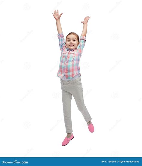 Happy Little Girl Jumping In Air Stock Photo Image Of Latin Little