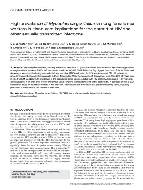 Pdf High Prevalence Of Mycoplasma Genitalium Among Female Sex Workers