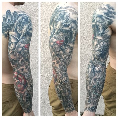 We have seen the angry batman face tattoo on legs, chest and now shoulders. Batman tattoo sleeve comic book sleeve dc comics ...