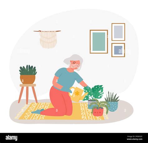 Old People Home Hobby Gardening With Plant Vector Of Elderly Senior