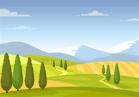 Ilustração da paisagem rural colorida dos campos e prados bela vista do