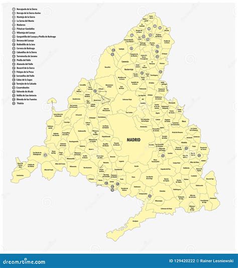 Municipalities Of Madrid Administrative And Political Vector Map Stock