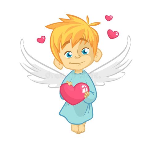 Cute Baby Cupid Angel Hugging A Heart Cartoon Illustration Of Cupid