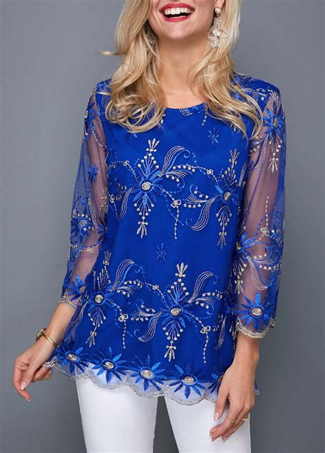 Embroidered Mesh Panel Round Neck Blouse Elegent Dresses Belk Dresses