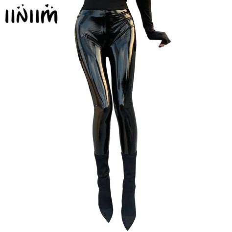 womens fashion patent leather latex pants wet look high waist stretchy leggings skinny trousers