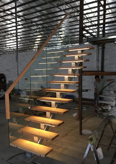 Safety Straight Stair Interior Staircase With Wood Tread And Glass
