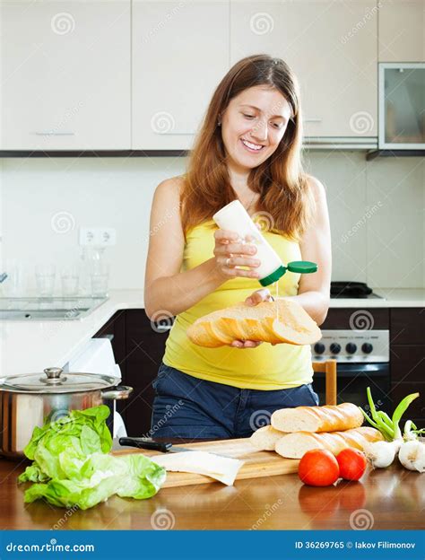 Happy Girl Cooking Sandwiches With Mayonnaise Stock Image Image Of Mayonnaise Sauce