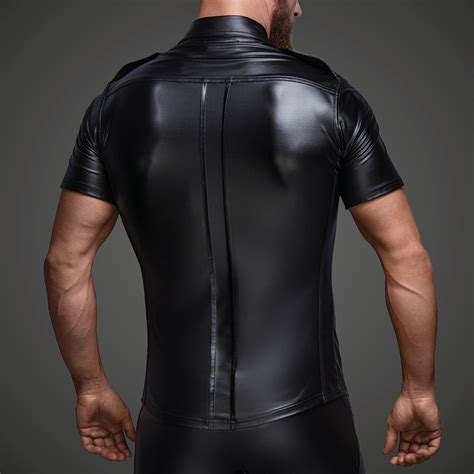 Men Faux Leather Shirts Pu Leather T Shirts Men Sexy Fitness Tops Gay Latex T Shirt Tees Mens