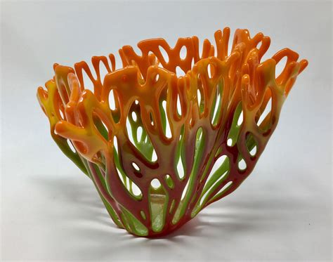 Fused Glass Coral Vase Orange Yellow Red Green Kiln Formed Art Glass Sculpture Glass Art