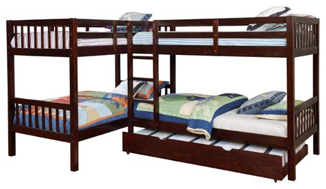 We earn a commission for products purchased through some links in this article. Maddox Twin L-Shape Quadruple Bunk Bed with Twin Trundle ...