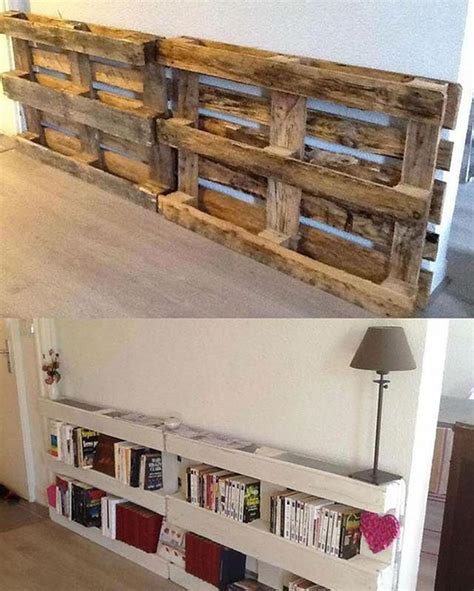 These are just planks of painted plywood nailed to the supports for the loft above. Do it yourself BOOKSHELVES made with pallets!! How cool ...