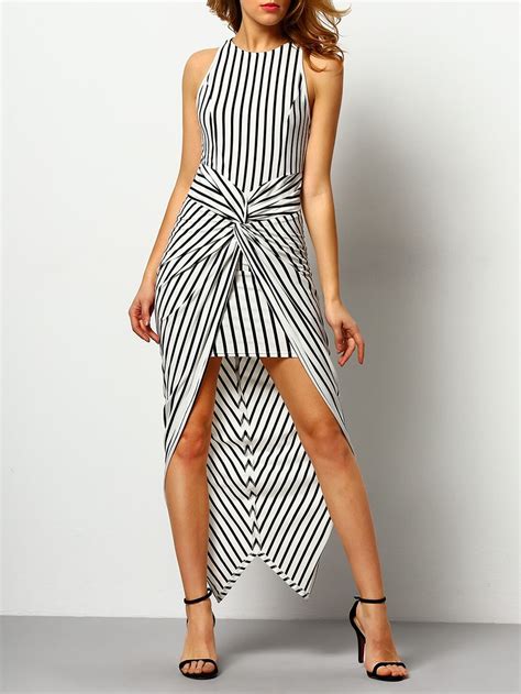 Black White Vertical Striped Knotted Asymmetric Dressfor Women Romwe