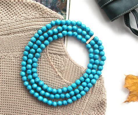 Teal Bead Necklace Multistrand Beaded Necklace Chunky Wood Etsy