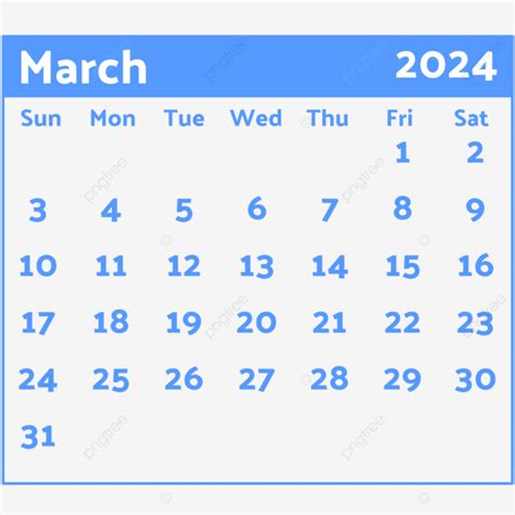 Calendário Azul De Março De 2024 Vetor Png 2024 Calendário Março