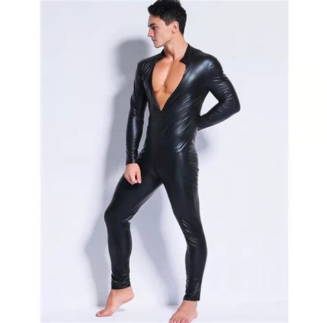 mens wet look latex cat suit leather like faux bodysuit fetish etsy