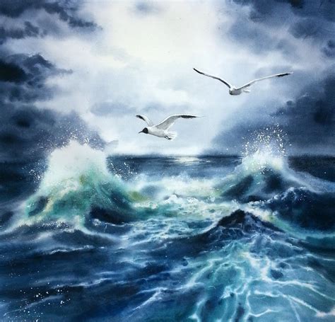 Stormy Sea Seagulls Waves Thunder Sky Seascape Sea And Sky