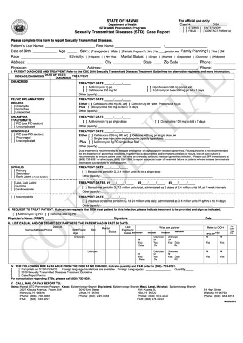 Sexually Transmitted Diseases Std Case Report Department Of Health