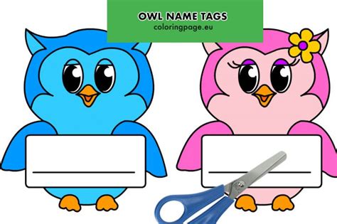 Educational game for children, toddlers and kids. Free printable Owl name tags - Coloring Page