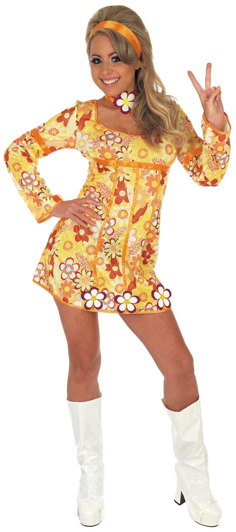 Ladies Yellow Hippie Dress Costume For 60s 70s Hippie Hippy Fancy Dress Up Outfi Ebay
