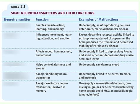 Neurotransmitters And Their Functions Chart
