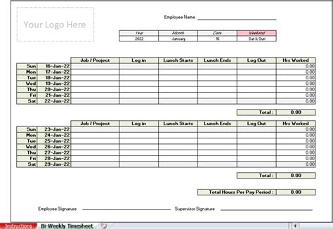 Bi Weekly Employee Timesheet Template Excel With Training Instructions