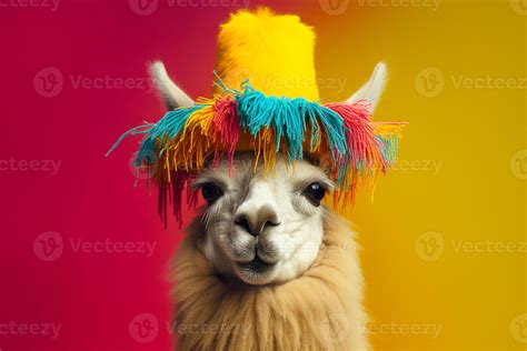 Llama Wearing Colourful Traditional Hat On A Red Yellow Background