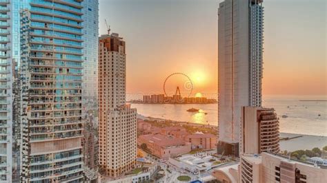 Panoramic Sunset View Of The Dubai Marina And Jbr Area And The Famous