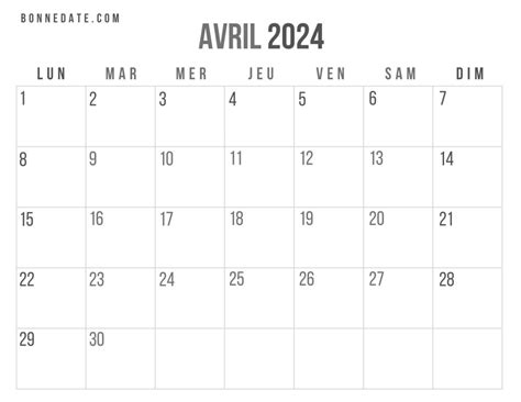 Calendrier Avril 2024 Gratuit Et Facile à Imprimer