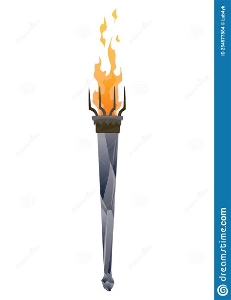 Medieval Torch With Burning Fire Ancient Realistic Metal Torch With