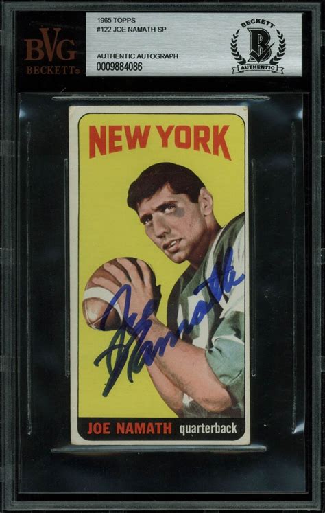 These over sized cards were very hard to protect from damage and many were placed in bicycle spokes. Lot Detail - Joe Namath Ultra Rare Signed 1965 Topps Rookie Card (BAS/Beckett Encapsulated)