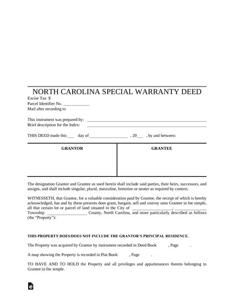 Free North Carolina Special Warranty Deed Form Pdf Eforms