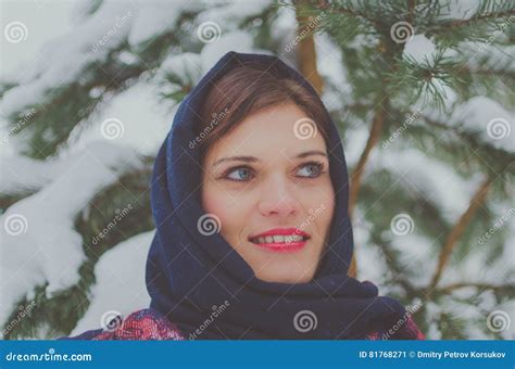 Russian Beautiful Girl Near The Christmas Tree In The Forest Stock Image Image Of Portrait