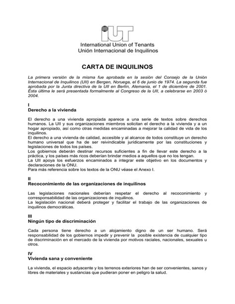 Carta De Inquilinos International Union Of Tenants
