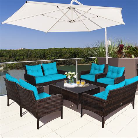 Gymax 8pcs Rattan Patio Conversation Set Outdoor Furniture Set