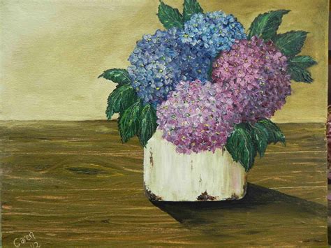 Hydrangeas And Enamel Pot An Original By Caren Mvdw Oils On Canvas