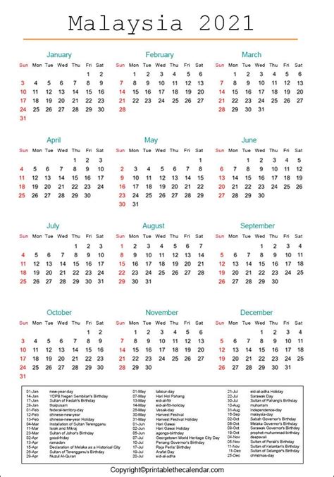 Malaysia Calendar 2021 With Holidays Printable The Calendar