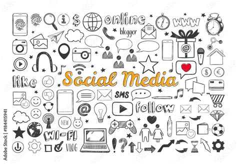 Social Media Icons Set Vector Hand Drawn Isolated Objects Doodle And