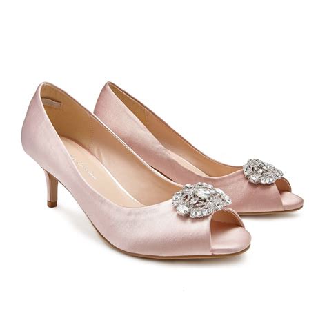 Pink Paradox Prunella Blush Satin Low Heel Peep Toes With Crystal Trim Lace And Favour