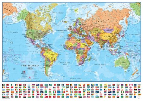 Large World Political Wall Map With Flags Laminated Curriculum