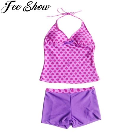 2pcs Purple Girls Halter Polka Dots Tankini Swimwear Swimsuit Set Tops