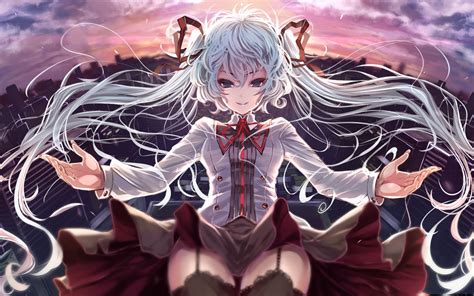 Clouds Cityscapes Vocaloid Hatsune Miku Blue Eyes Wind Skirts