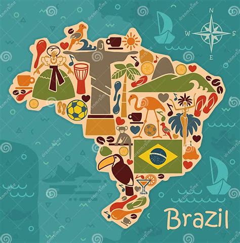 mapa dos símbolos tradicionais de brasil ilustração do vetor ilustração de americano arte