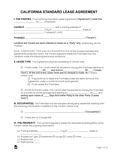 Free California Standard Residential Lease Agreement Template Pdf