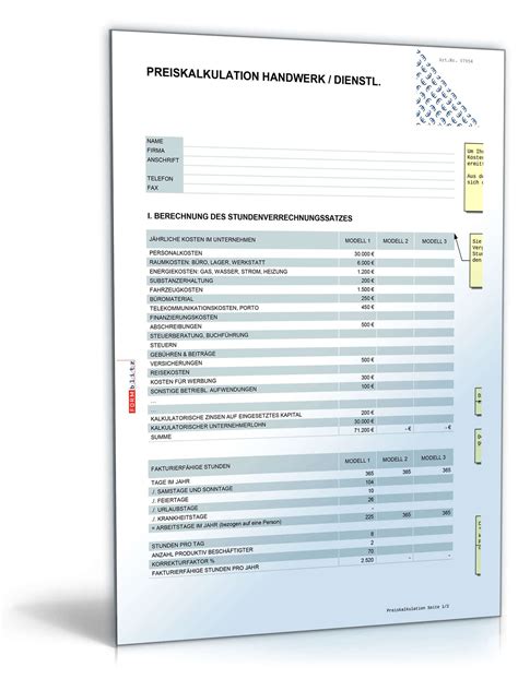 Preis Und Angebotskalkulation Vorlage Zum Download