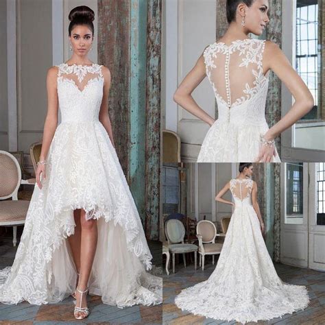 Plus Size Lace A Line Wedding Dresses 2016 High Low Court Train Summer Beach Bridal Gowns Bateau