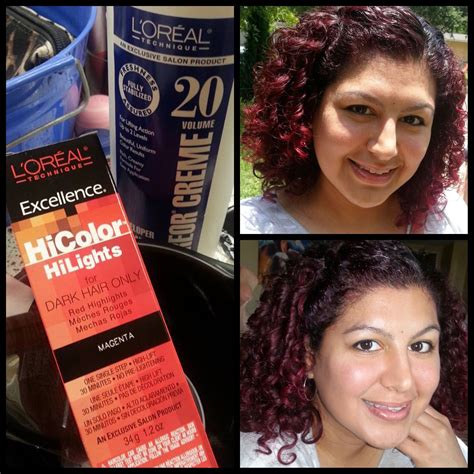 l oreal hicolor hilights in magenta with 20 developer on my naturally dark curly hair dark